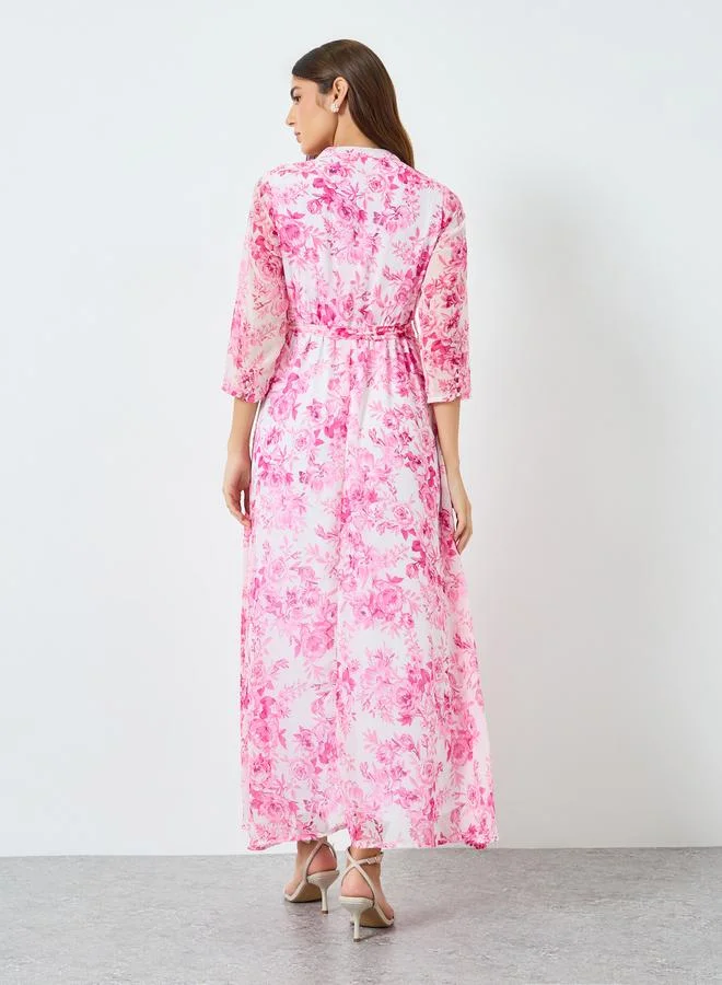 Styli  Women Pink Chiffon Floral 3/4th Sleeves Maxi Dress for Women | Best Price UAE